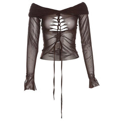 Long sleeve off shoulder lace up hollow out sheer mesh cut out top