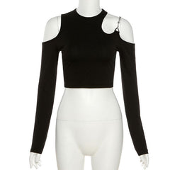 Long sleeve off shoulder metal chain crewneck solid crop top
