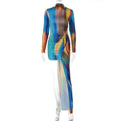 Long sleeve contrast irregular high neck ruched mini dress