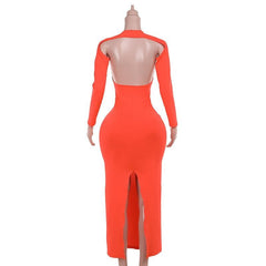 Long sleeve crewneck hollow out slit cut out maxi dress