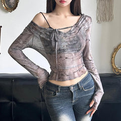 Long sleeve butterfly print mesh self tie top