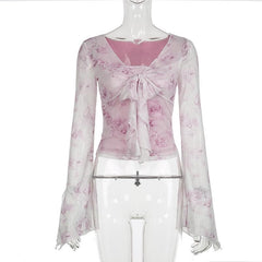 Long flared sleeve v neck mesh flower print top
