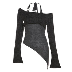 Long sleeve contrast halter o ring self tie irregular 2 piece crop top - Final Sale