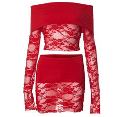 Long sleeve off shoulder lace see through mini skirt set