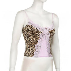 Leopard print lace hem patchwork cami top