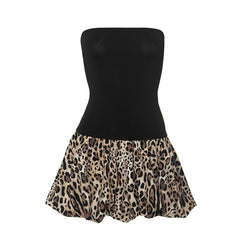 Leopard print patchwork ruched tube mini dress
