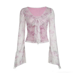 Long flared sleeve v neck mesh flower print top