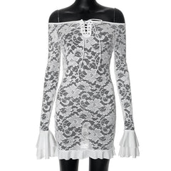 Long flared sleeve lace up lace see through mini dress