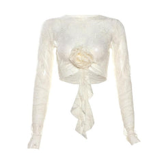 Long sleeve lace flower applique crop top