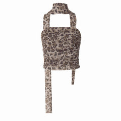 Leopard print ruched mesh 2 piece tube top