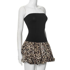 Leopard print patchwork ruched tube mini dress