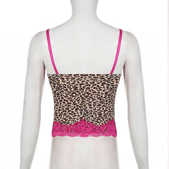 Leopard print lace hem slit cami top