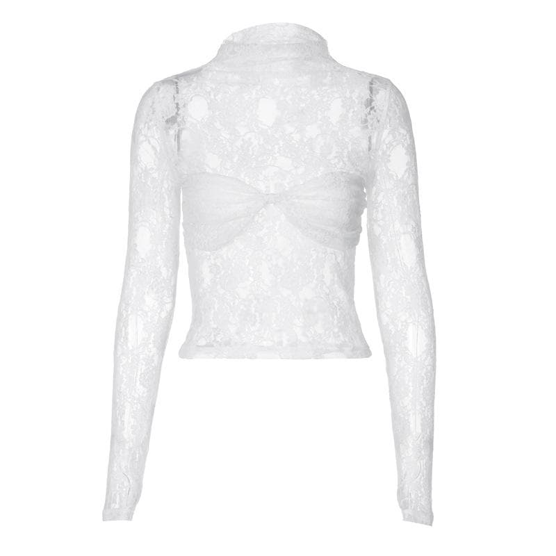 Long sleeve high neck lace see through ruched top