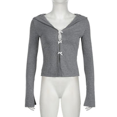 Long sleeve lace hem bowknot top