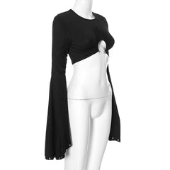 Long flared sleeve o ring crewneck crop top