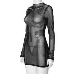 Long sleeve body pattern beaded sheer mesh mini dress