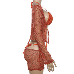 Long sleeve hollow out o ring halter 4 piece mini skirt set