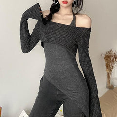 Long sleeve contrast halter o ring self tie irregular 2 piece crop top - Final Sale