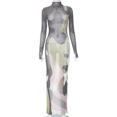 Long sleeve high neck print sheer mesh gloves maxi dress