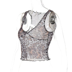 Leopard print sheer mesh ruffle tank top