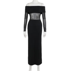 Long sleeve off shoulder mesh patchwork maxi dress