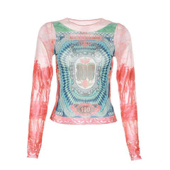 Long sleeve crewneck contrast abstract mesh top