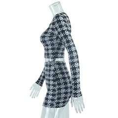 Long sleeve contrast plaid round neck zip-up skirt set - Final Sale