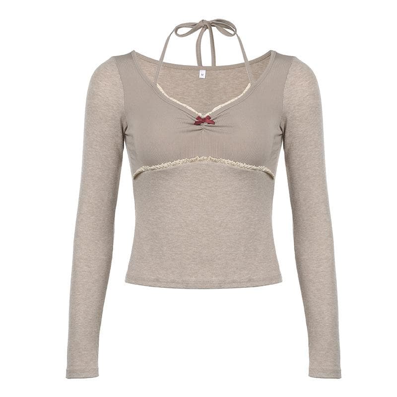 Long sleeve halter bowknot lace hem top