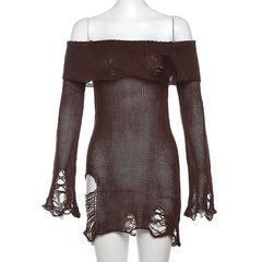 Long flared sleeve off shoulder hollow out see through knitted cut out mini dress - Final Sale