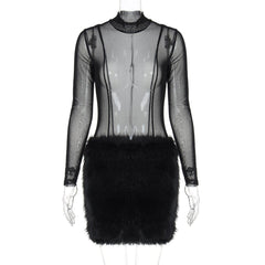 Long sleeve high neck mesh fluffy mini skirt set