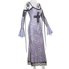 Long flared sleeve off shoulder cross print lace cami maxi dress
