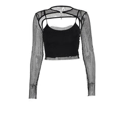 Long sleeve fishnet shrug cross applique 2 piece top