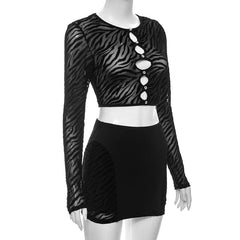 Long sleeve hollow out zebra print see through mini skirt set