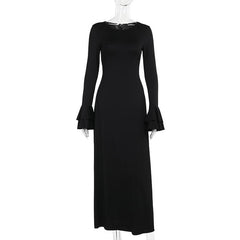 Long flared sleeve round neck lace up maxi dress