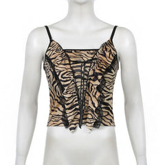 Leopard print ruffle lace hem backless cami top