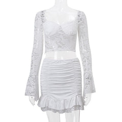 Long flared sleeve sweetheart neck lace ruched ruffle mini skirt set