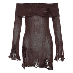 Long flared sleeve off shoulder hollow out see through knitted cut out mini dress - Final Sale