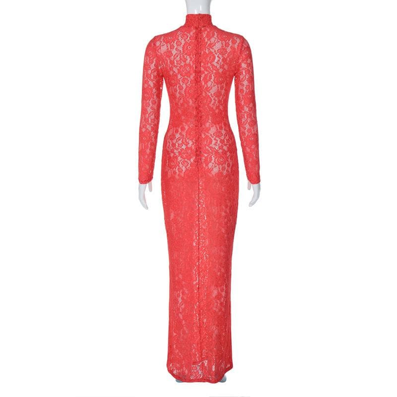 red lace maxi dress with sleeves Long sleeve high neck see through lace maxi dress – Vivuki