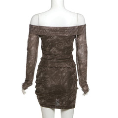 Long sleeve off shoulder ruffle ruched drawstring mini skirt set