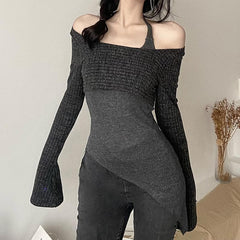 Long sleeve contrast halter o ring self tie irregular 2 piece crop top - Final Sale