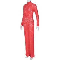 Long sleeve high neck see through lace maxi dress