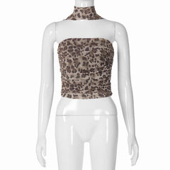 Leopard print ruched mesh 2 piece tube top