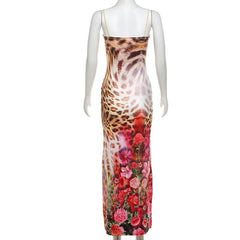 Leopard print cross front lace up cami maxi dress