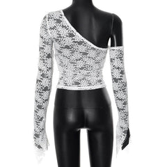 Long flared sleeve bowknot one shoulder lace top