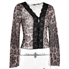 Long sleeve leopard print v neck lace button top