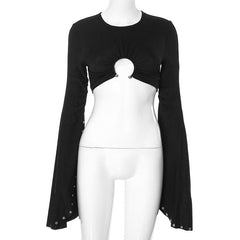 Long flared sleeve o ring crewneck crop top