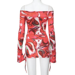 Long flared sleeve off shoulder print mini skirt set