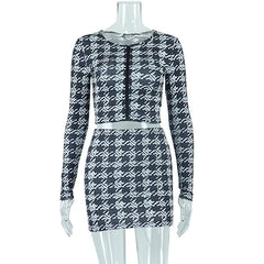Long sleeve contrast plaid round neck zip-up skirt set - Final Sale