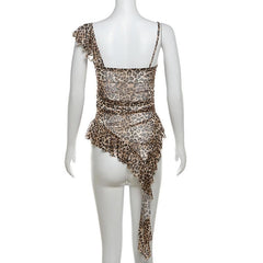 Leopard print flower applique irregular ruffle cami top