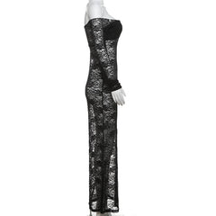 Long sleeve lace off shoulder see through solid maxi dress